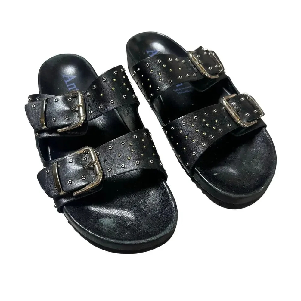 Antenora Black Double Buckle Strap Slide Sandals